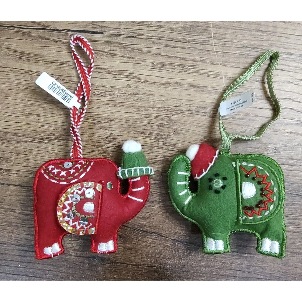 Crate and Barrel Felt Christmas Ornaments Embroidered Elephant Couple A7